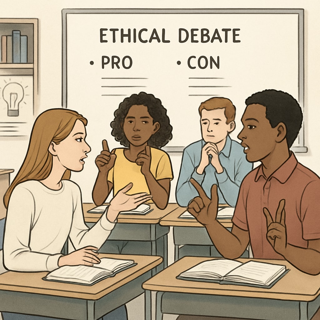 Student debate on ethical topics reflecting 