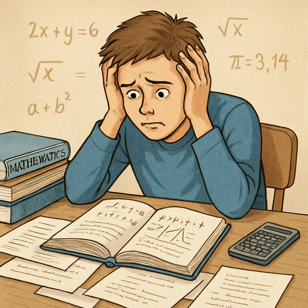 A stressed student studying math, reflecting math anxiety and exam pressure.