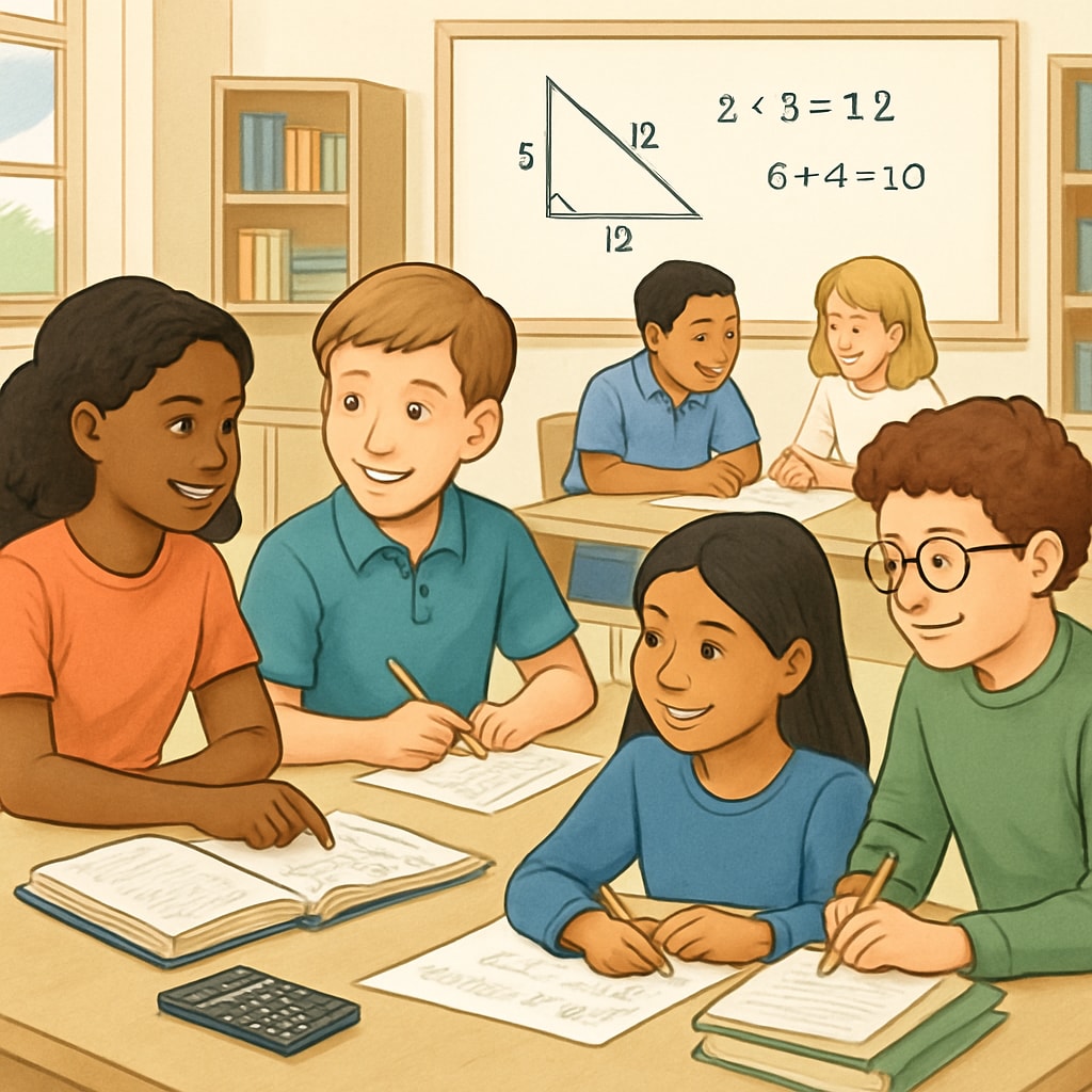 Students collaborating on math problems, overcoming anxiety through teamwork.