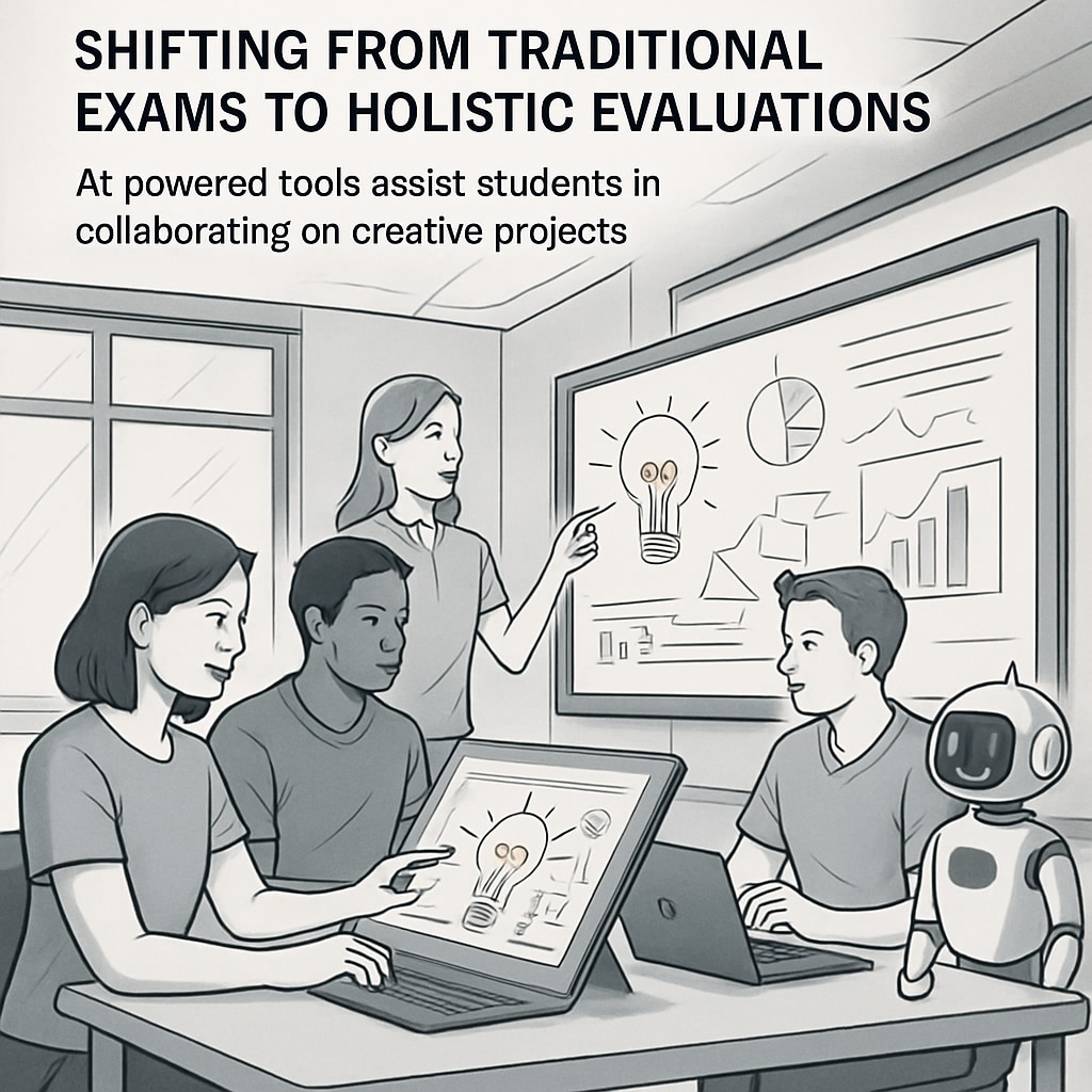 Futuristic classroom with AI tools fostering creativity and collaboration among students.