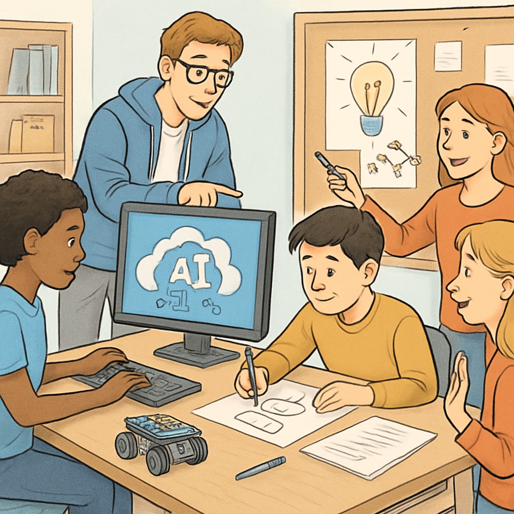 Students collaborating on AI-enabled projects in an educational workshop.