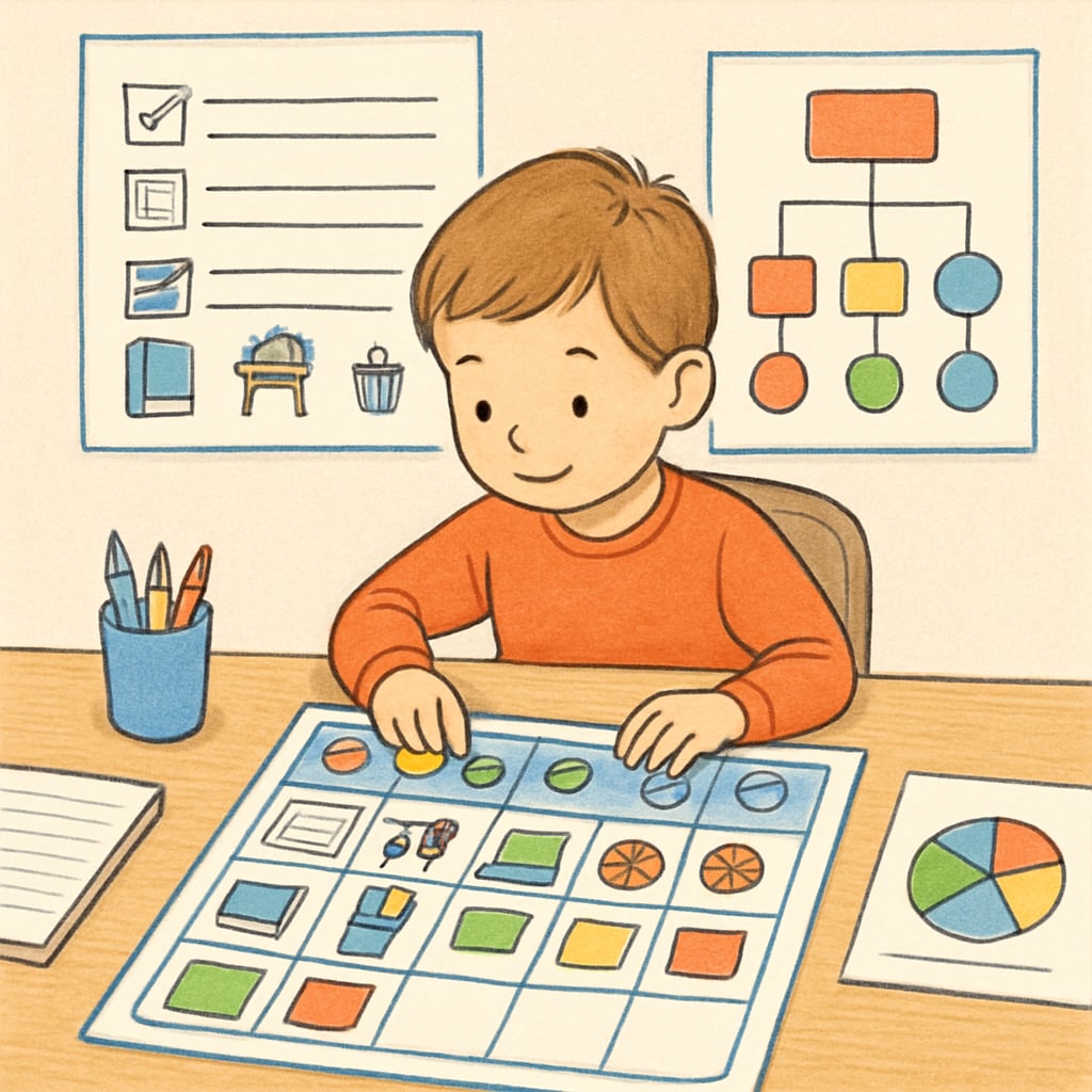 A child practicing organizational skills with visual aids and structured charts. A child using visual aids to organize tasks, related to executive function and ADHD.