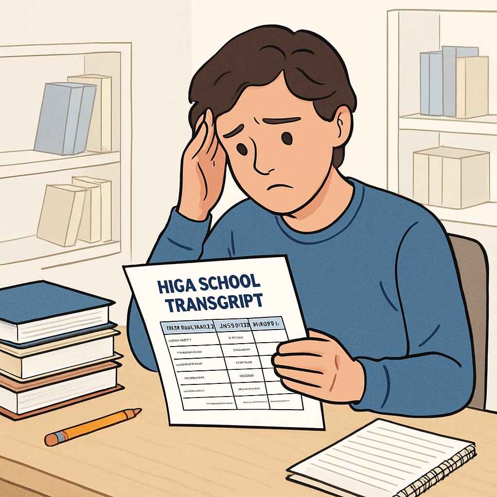 A worried high school student looking at their transcript, considering how grades impact their Harvard University application.