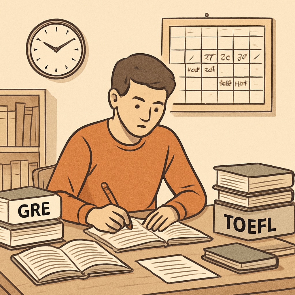 Student studying for GRE or TOEFL exams as part of the master's application process.