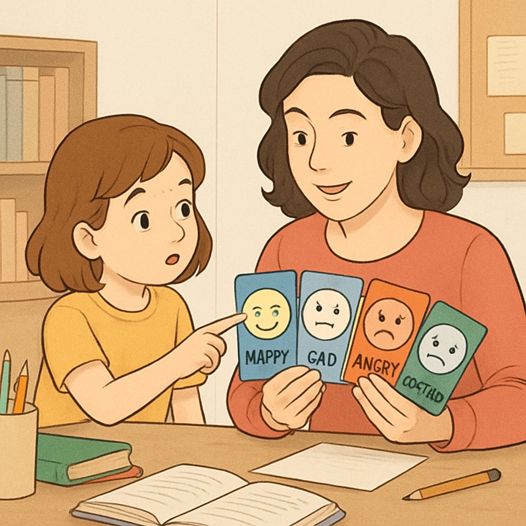 A parent using emotion cards to help their child identify and articulate feelings. A parent teaching emotional regulation using cards, related to executive function and ADHD support.