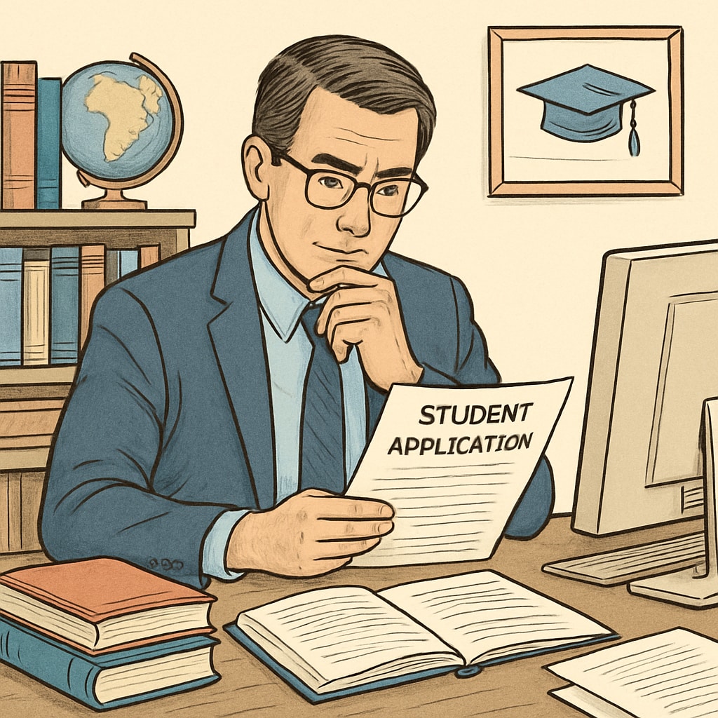 Admissions officer thoughtfully reviewing a student application, highlighting the importance of context in evaluating transcripts for elite universities.