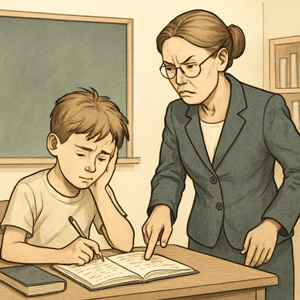 A young student struggling with homework under the guidance of a strict teacher. A strict teacher overseeing a student's work, symbolizing rigorous education methods.