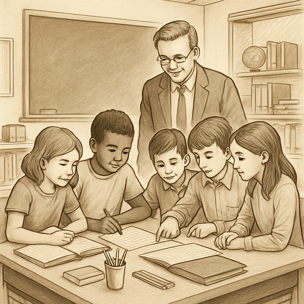 A classroom where students collaborate on a project, guided by a supportive teacher. Students working collaboratively under a teacher's guidance, representing compassionate education.
