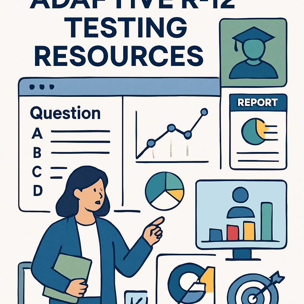 A digital interface displaying adaptive K12 testing tools for educators.