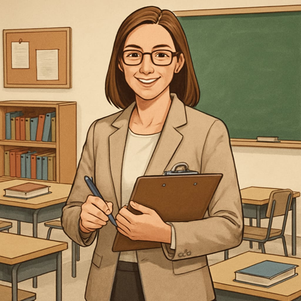 Teacher in a classroom holding a clipboard, representing resume help for Canada’s K-12 job market.