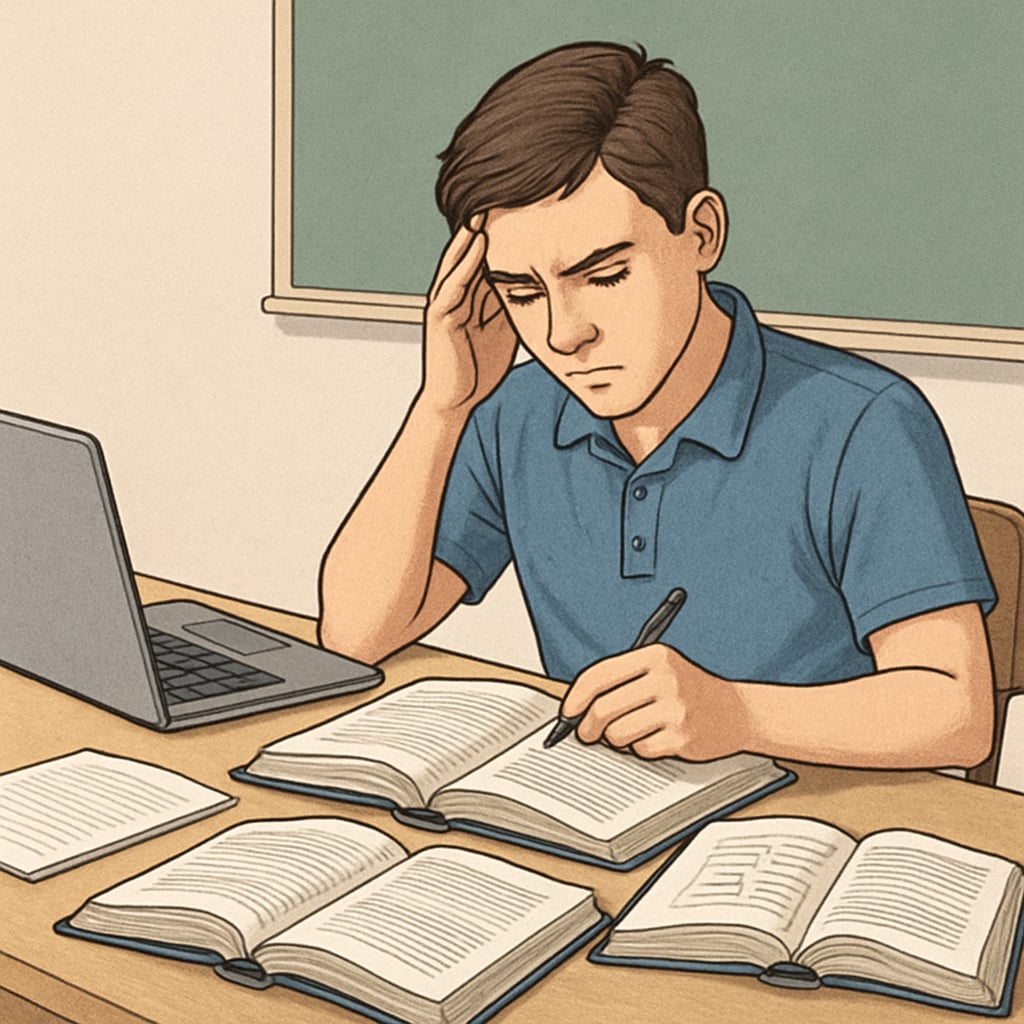 A student revising for retake exams at a desk with textbooks and a laptop, symbolizing preparation and resilience. Student preparing for A-level exam retakes with study materials.