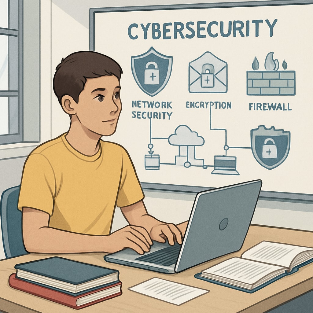 A student learning cybersecurity fundamentals at a workshop.