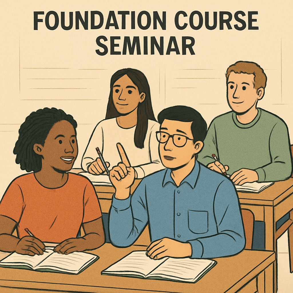 A diverse group of students attending a foundation course seminar, reflecting collaborative learning and inclusive education. Students attending a seminar during a foundation course program.