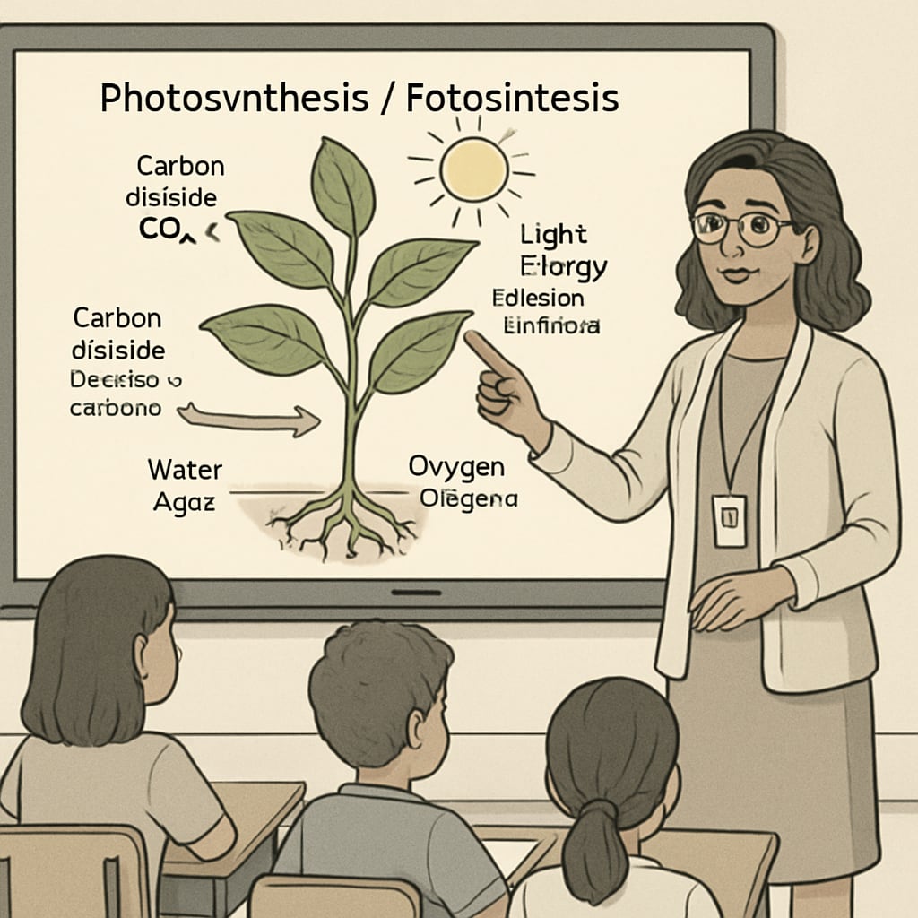 A teacher demonstrating differentiated science teaching with bilingual resources for English learners.