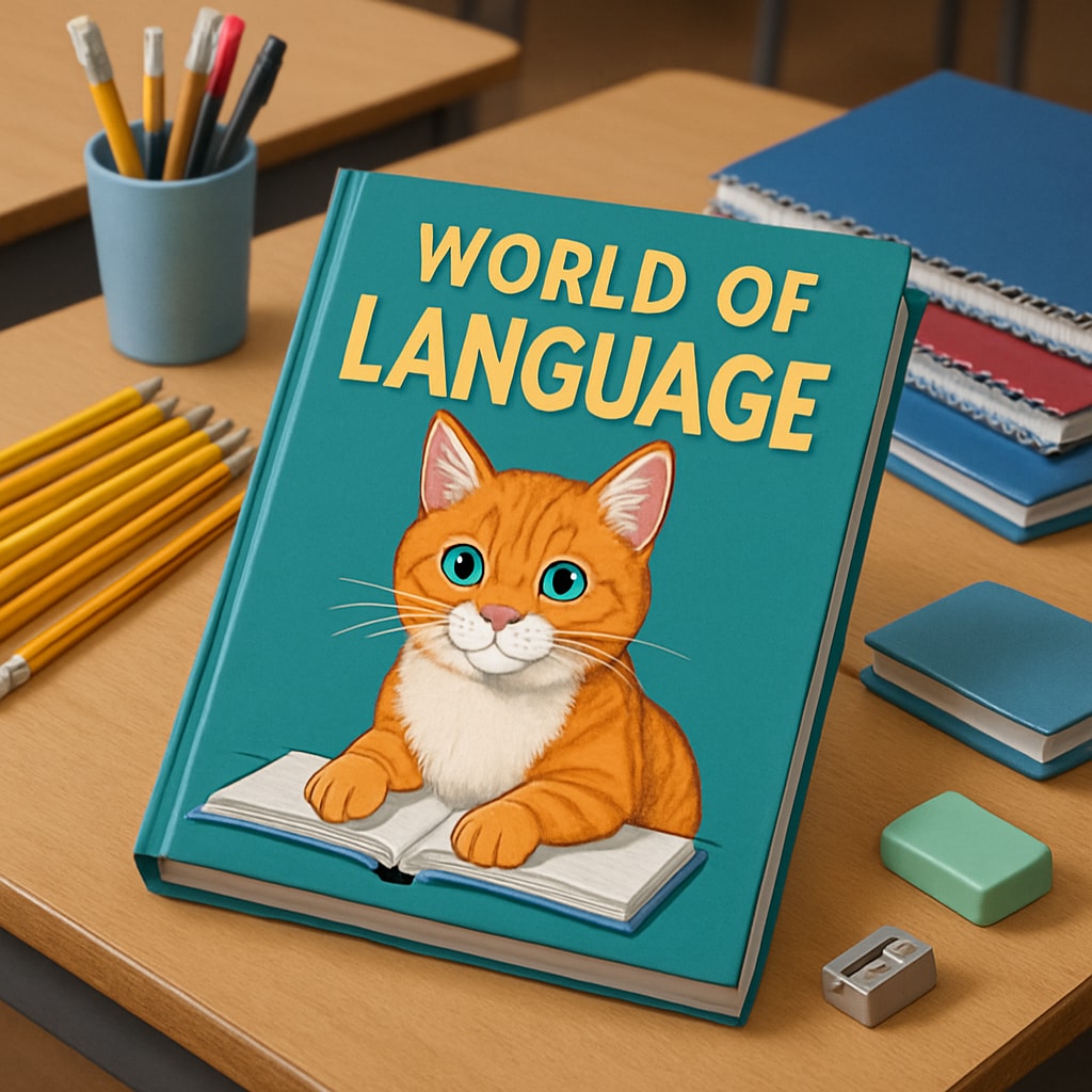World of Language textbook with cat cover on a desk, symbolizing elementary education and language learning.