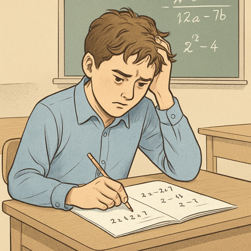 Student stressed during a math exam, highlighting exam pressure.