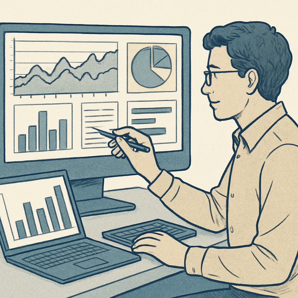 Data scientist reviewing insights on a digital dashboard for engineering solutions.