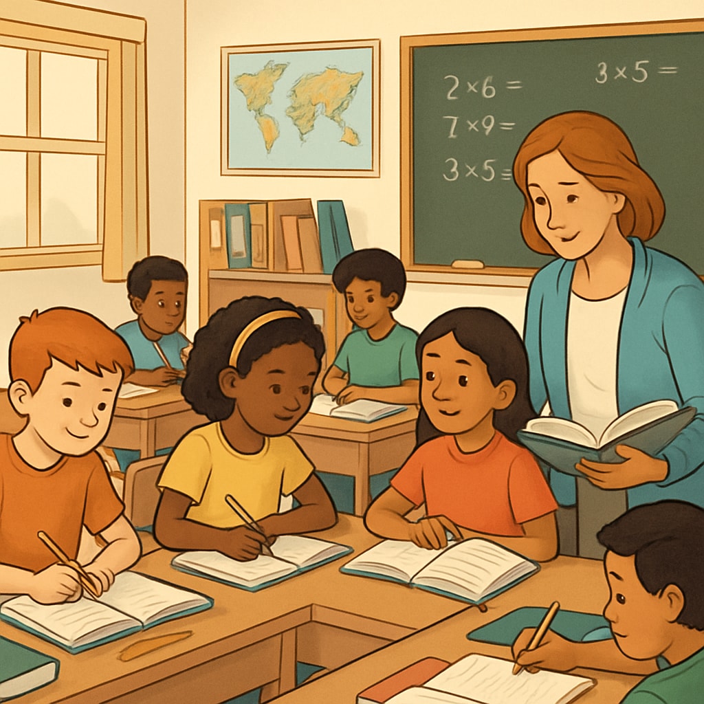 A classroom scene with students actively learning, showcasing the benefits of the year-round school model. Year-round school model classroom with students engaged in learning activities.