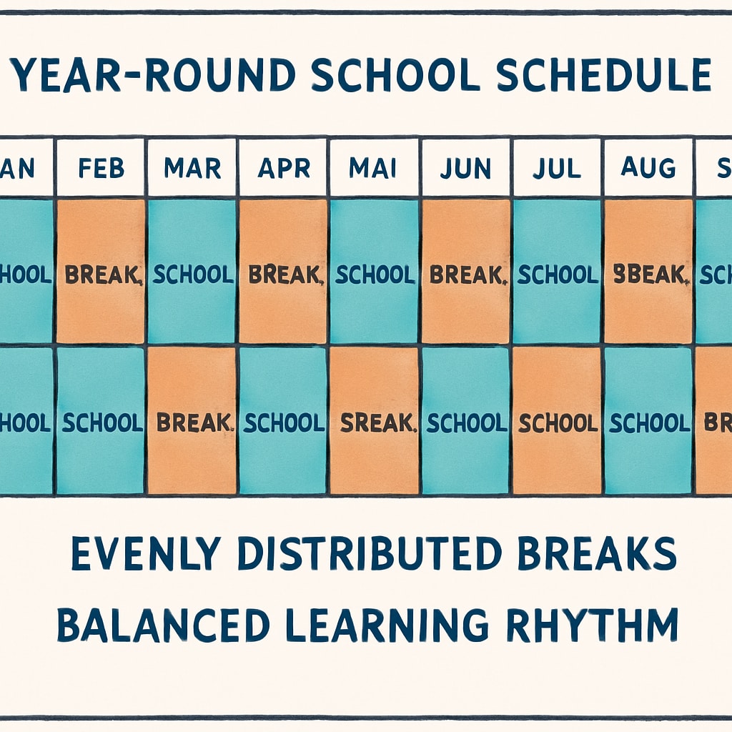 An educational planner illustrating a year-round school schedule, highlighting evenly distributed breaks and balanced learning rhythms. Year-round school schedule planner with distributed breaks.