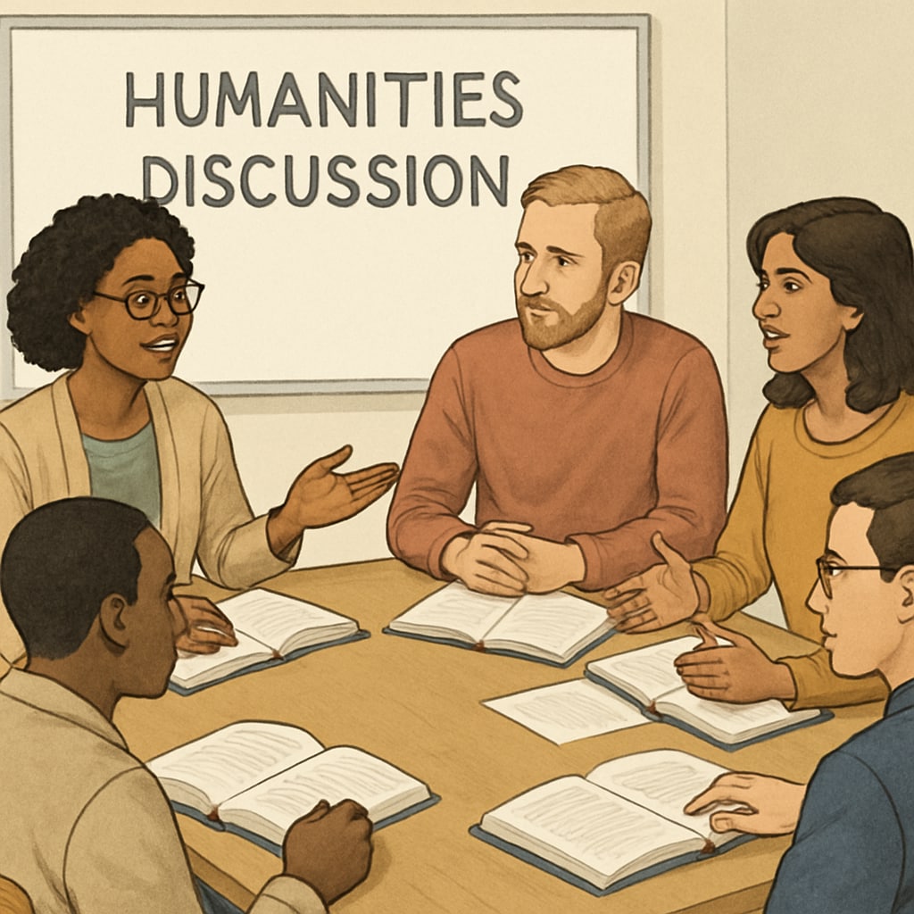 Adult students discussing humanities topics in a classroom setting.