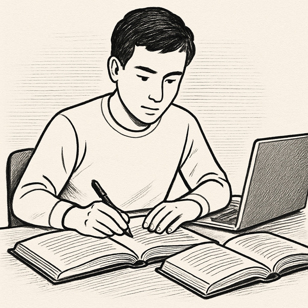 A student preparing for the OAE exam with study materials and a laptop.