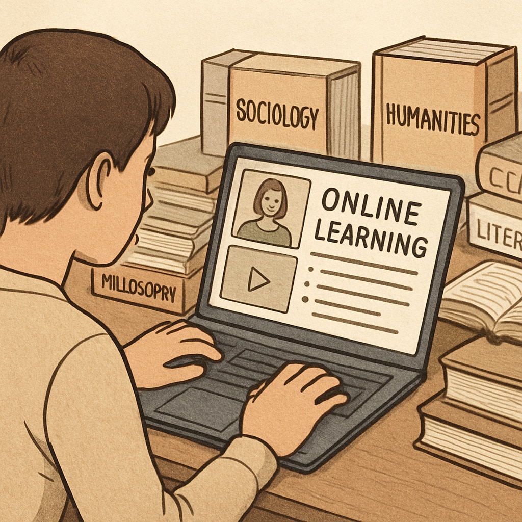 Adult learner studying humanities online with supportive resources.