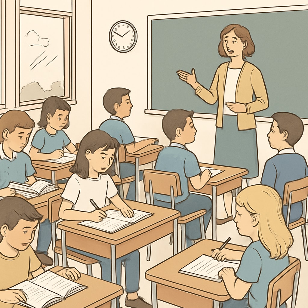 A classroom setting where students are engaged in structured learning activities, such as reading or listening to a teacher. Students participating in structured learning to develop core academic skills.