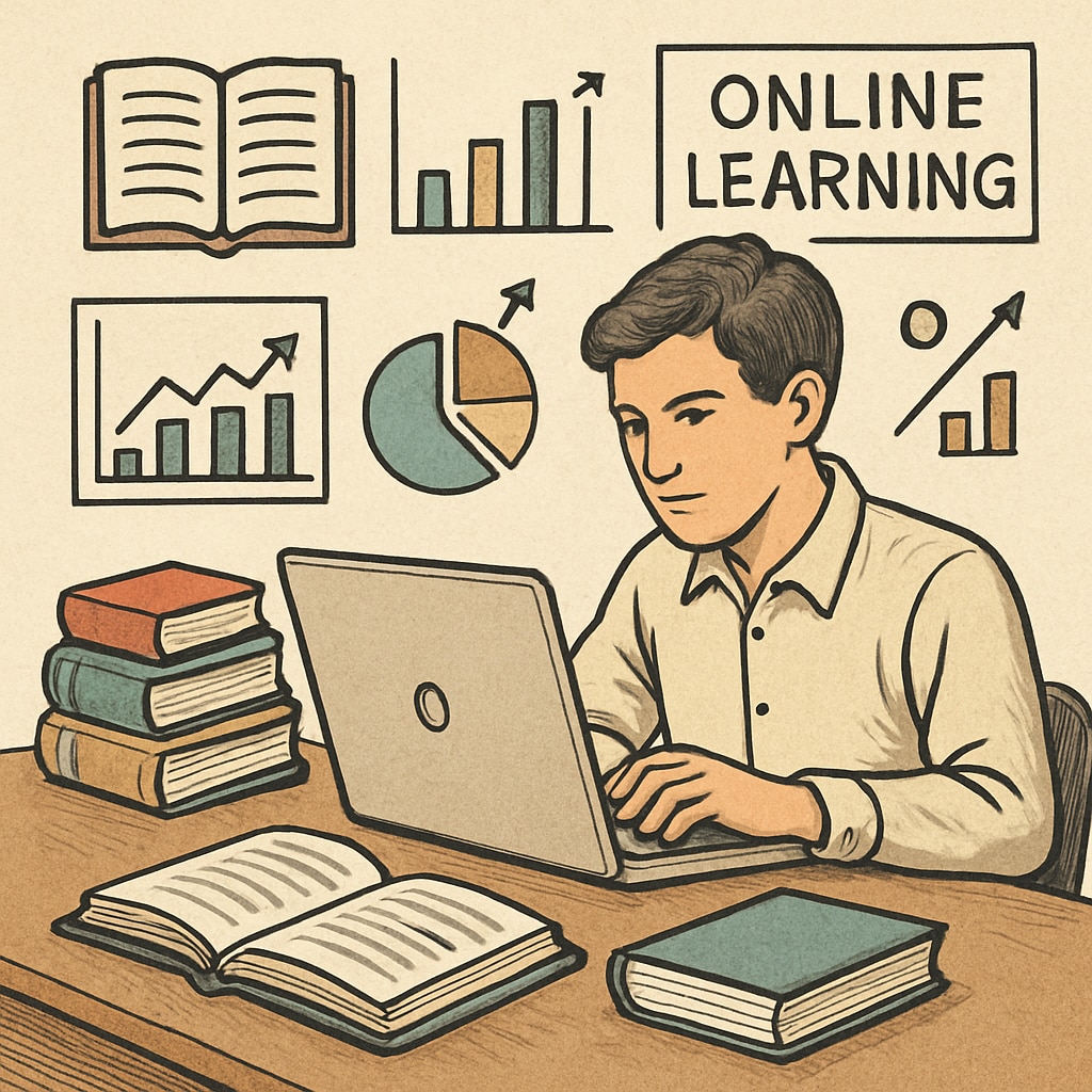 A student studying on a laptop, representing online learning opportunities in business and finance. A student using a laptop to explore online degree programs in business and finance.