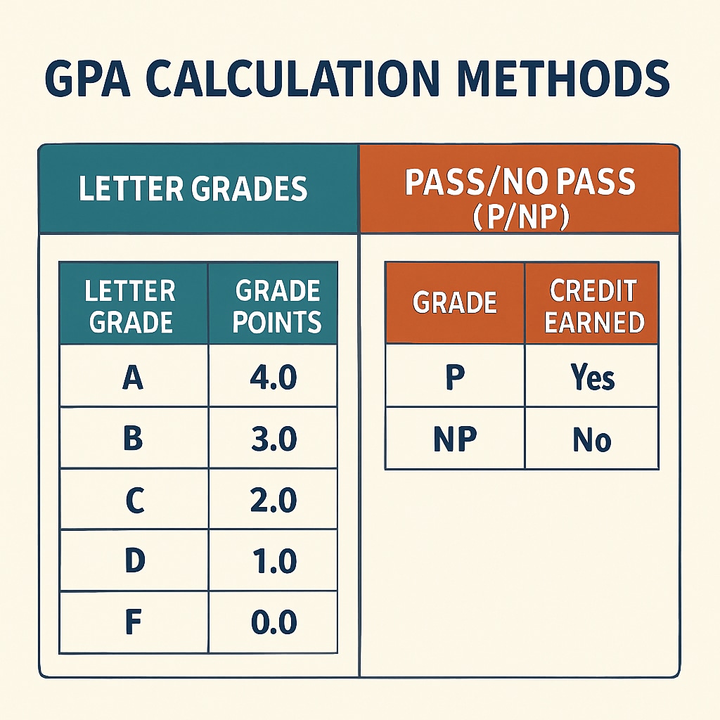 A visual comparison chart illustrating GPA calculation methods for letter grades versus P/NP grading systems. GPA calculation chart comparing letter grades and P/NP grading systems