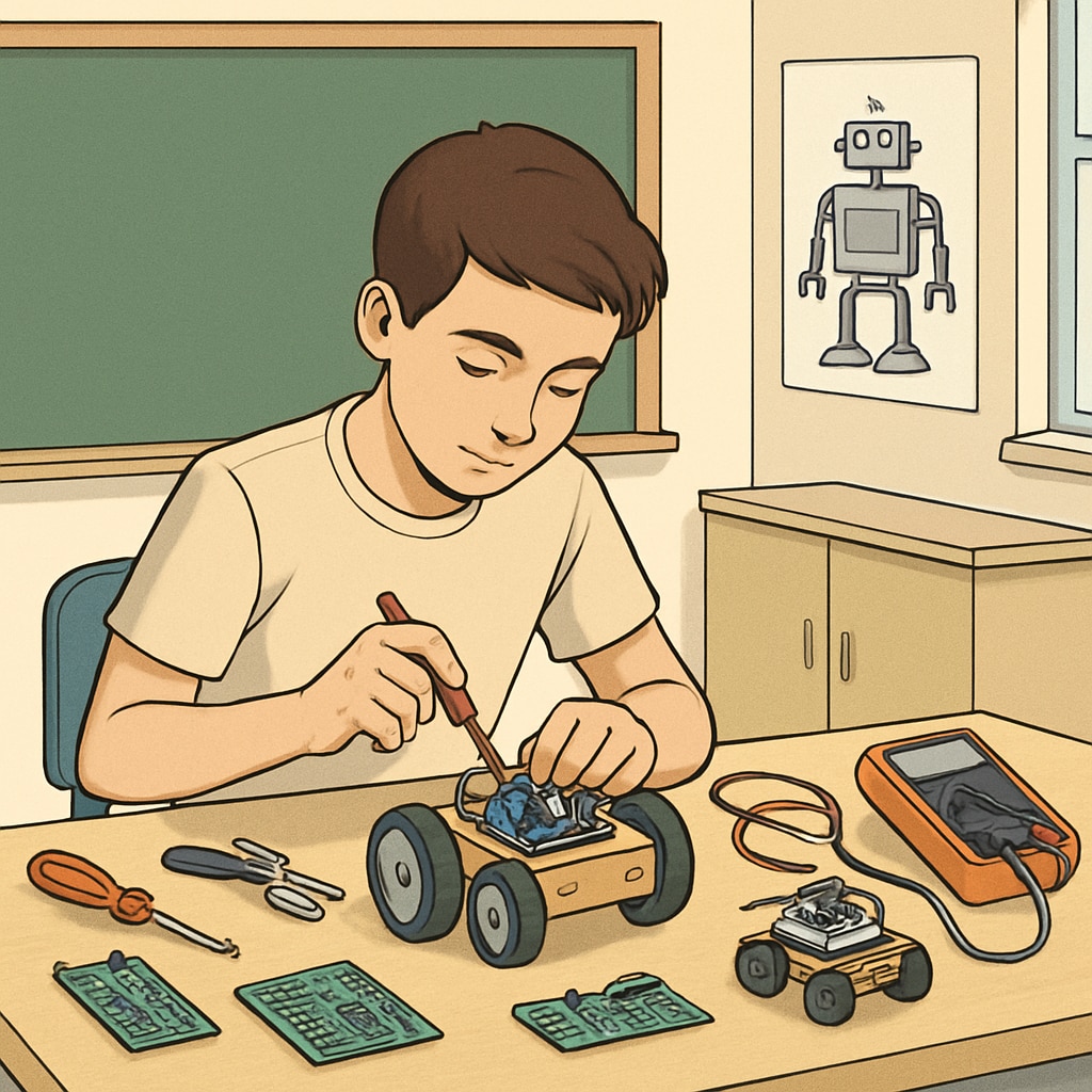 A student exploring robotics through hands-on, self-directed learning, showcasing creativity and innovation. A student engaged in self-exploration with robotics, demonstrating independent learning.
