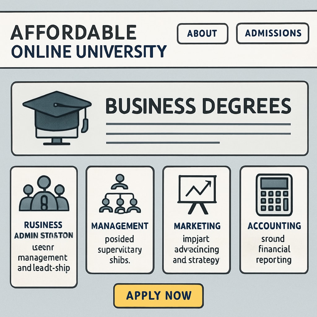 A screenshot of an affordable online university’s homepage showcasing business degree options. Homepage of an affordable online university offering business degrees.