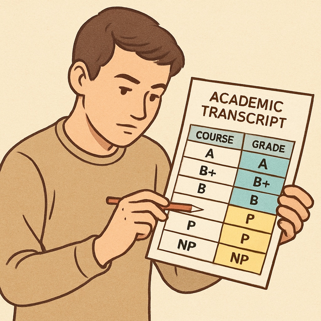 A student reviewing a transcript with both letter grades and P/NP grades highlighted. A student analyzing their transcript for P/NP and letter grades