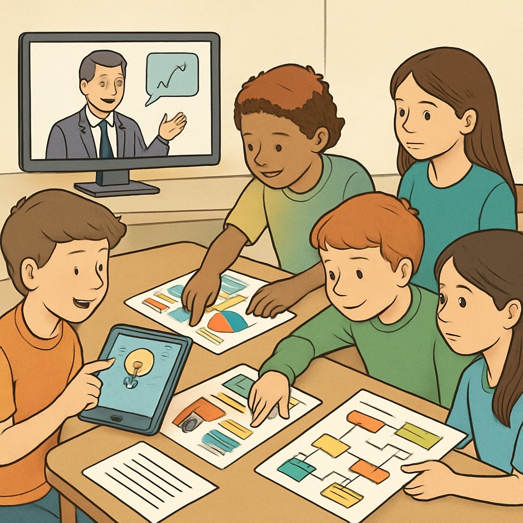 A group of children aged 8-14 participating in a virtual business workshop, engaging with interactive tools and worksheets. Children aged 8-14 engaging in free virtual business education provided by a nonprofit organization.