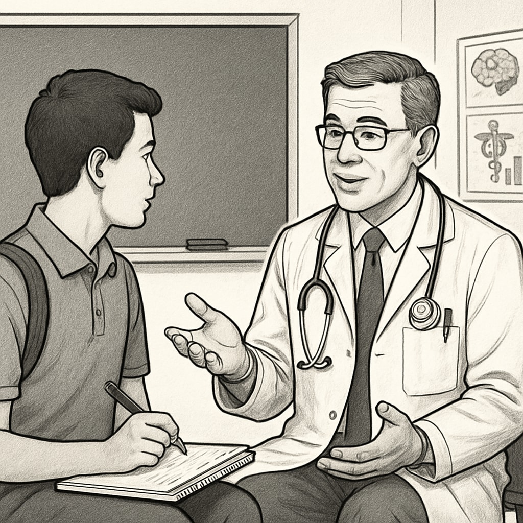 A student interviewing a doctor in a school setting to explore medical careers. Student interviewing a doctor about medical careers in a school project.