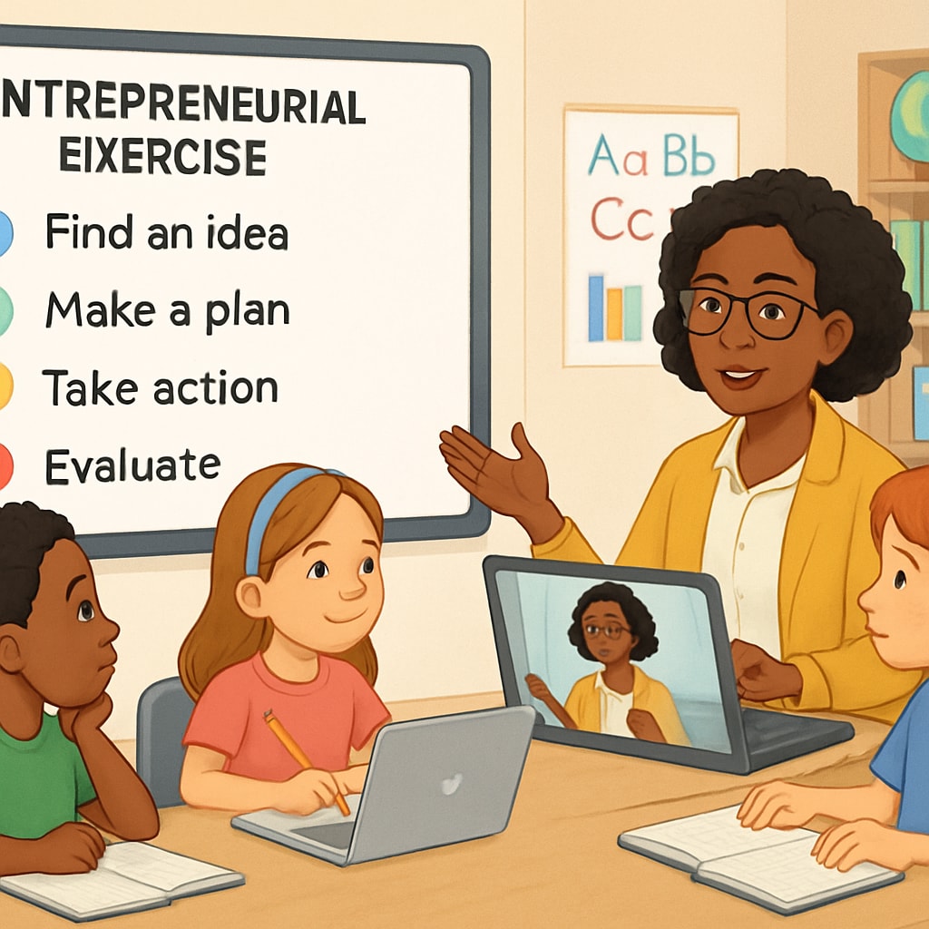 A virtual classroom setting where a mentor is guiding children through a step-by-step entrepreneurial exercise. A mentor teaching entrepreneurial skills to children as part of a free virtual business education program.