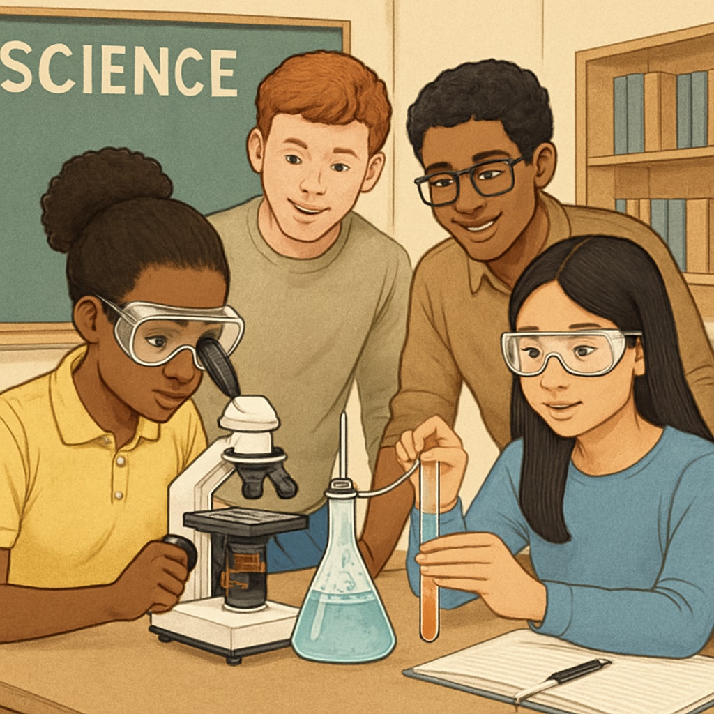 A diverse group of students engaged in a hands-on science experiment, illustrating the real-world applications of OpenSciEd’s curriculum. Students conducting a science experiment using OpenSciEd curriculum.