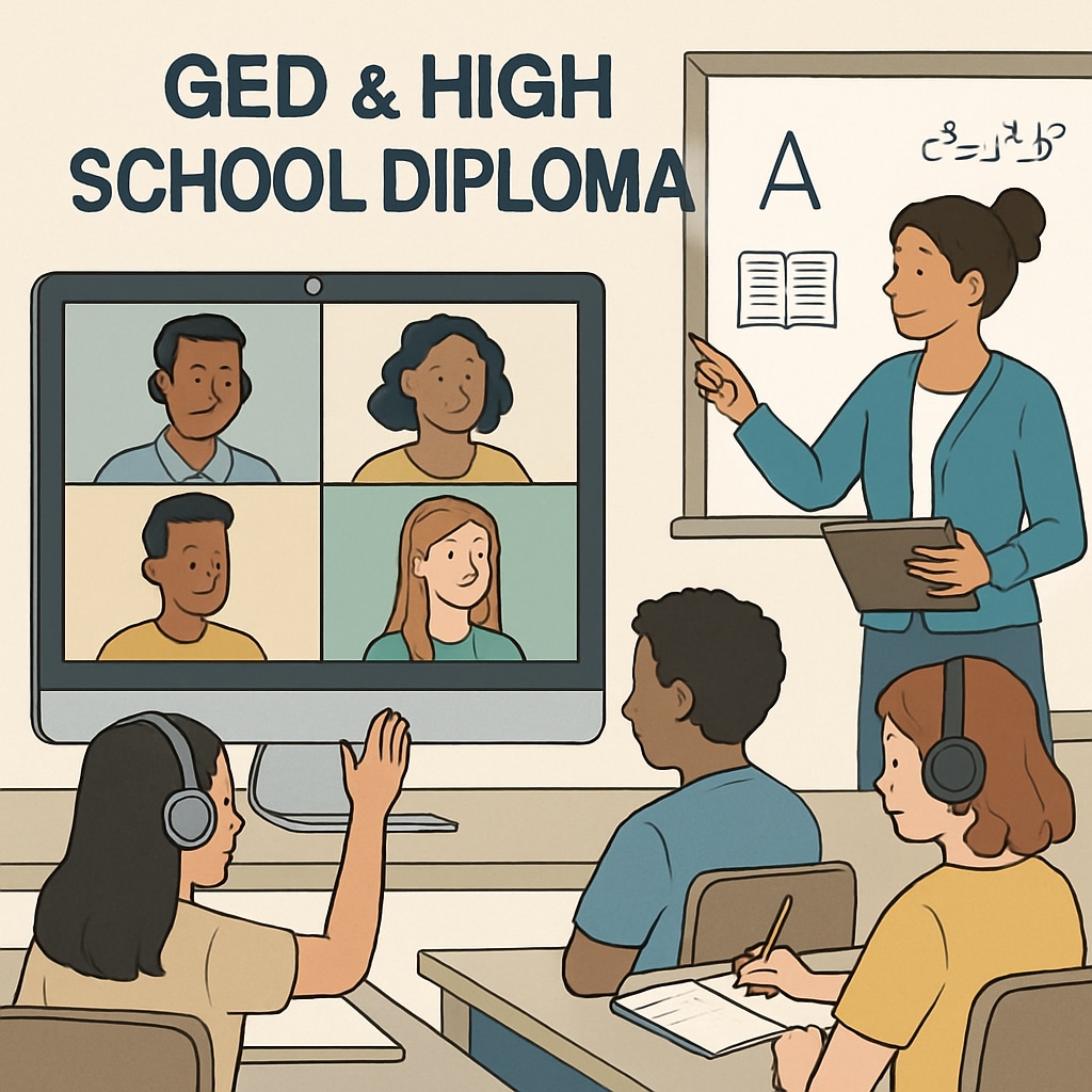 A virtual classroom with students and instructors interacting via video conferencing, illustrating online learning for GED and high school diploma programs. Virtual classroom for GED and high school diploma studies