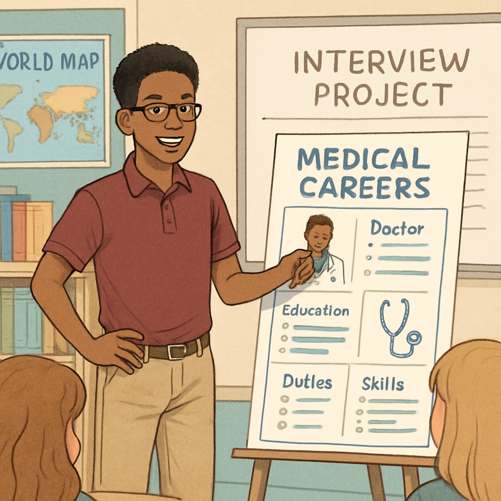 A high school student presenting their findings on medical careers after a doctor interview project. High school student presenting insights from a medical career interview project.