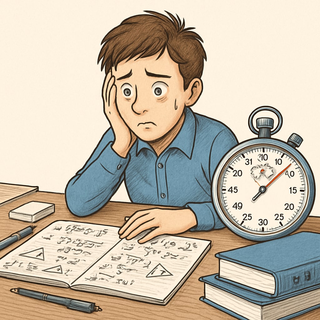 An anxious student sitting at a desk, surrounded by math notes and books, with a stopwatch indicating exam stress. A student overwhelmed by math anxiety during exam preparation.