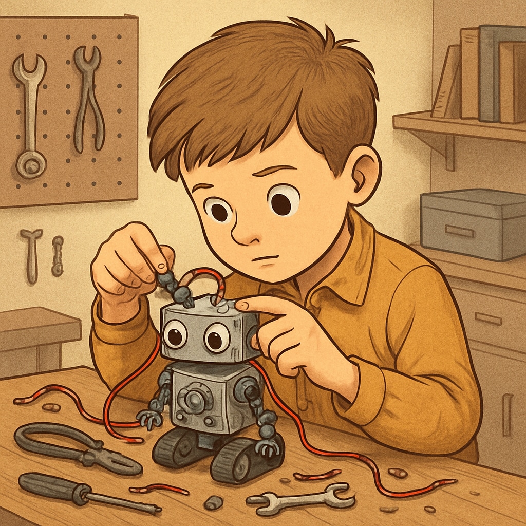 A curious young boy building a simple robot with wires and gears on a table in a workshop-like setting Hands-on learning activities for kids: A boy building a robot