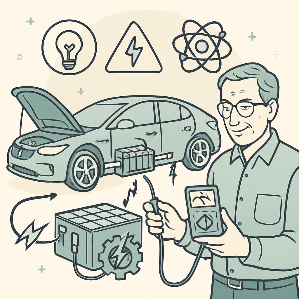 An automotive engineer working on an electric vehicle's battery system, demonstrating the importance of electrical knowledge in modern car design. Automotive engineer working on EV battery system