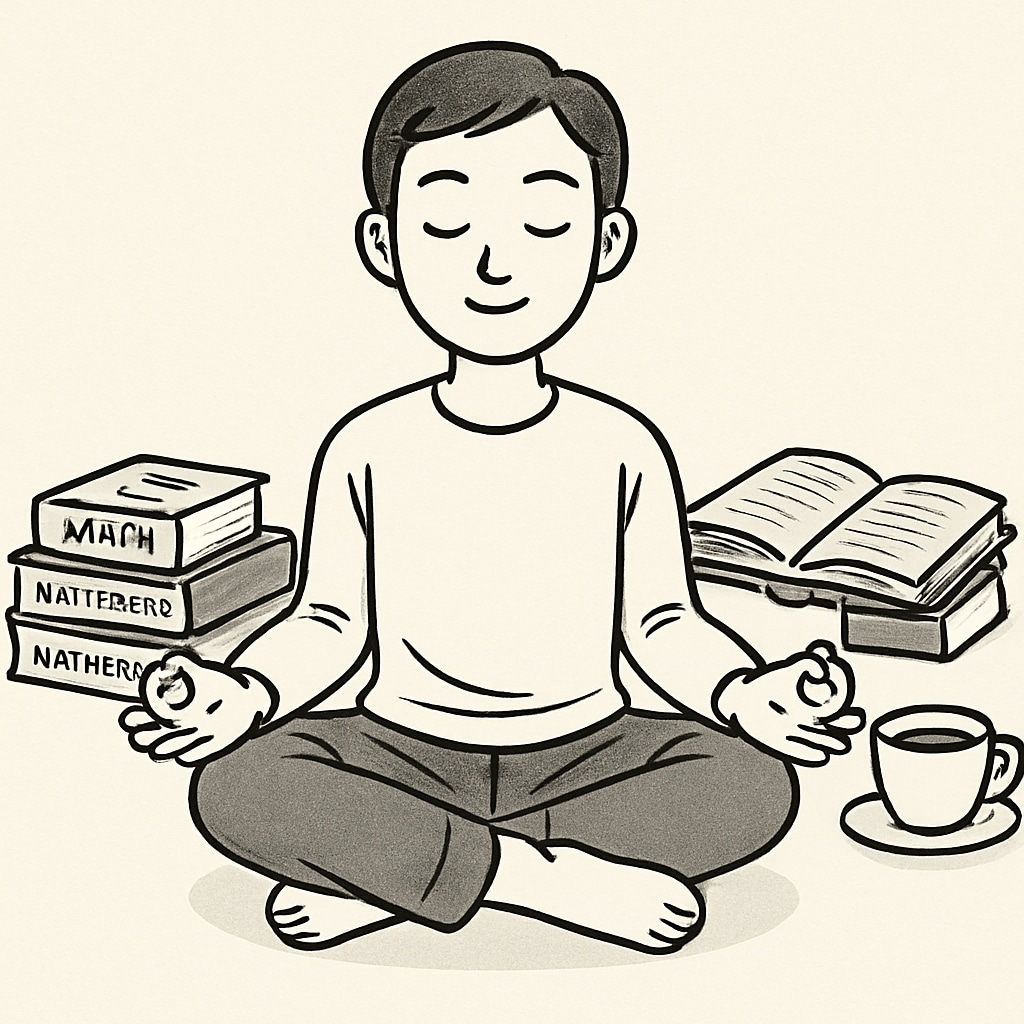 A student practicing mindfulness, sitting with a calm expression, surrounded by math textbooks and a cup of tea. A student using mindfulness techniques to overcome math anxiety.