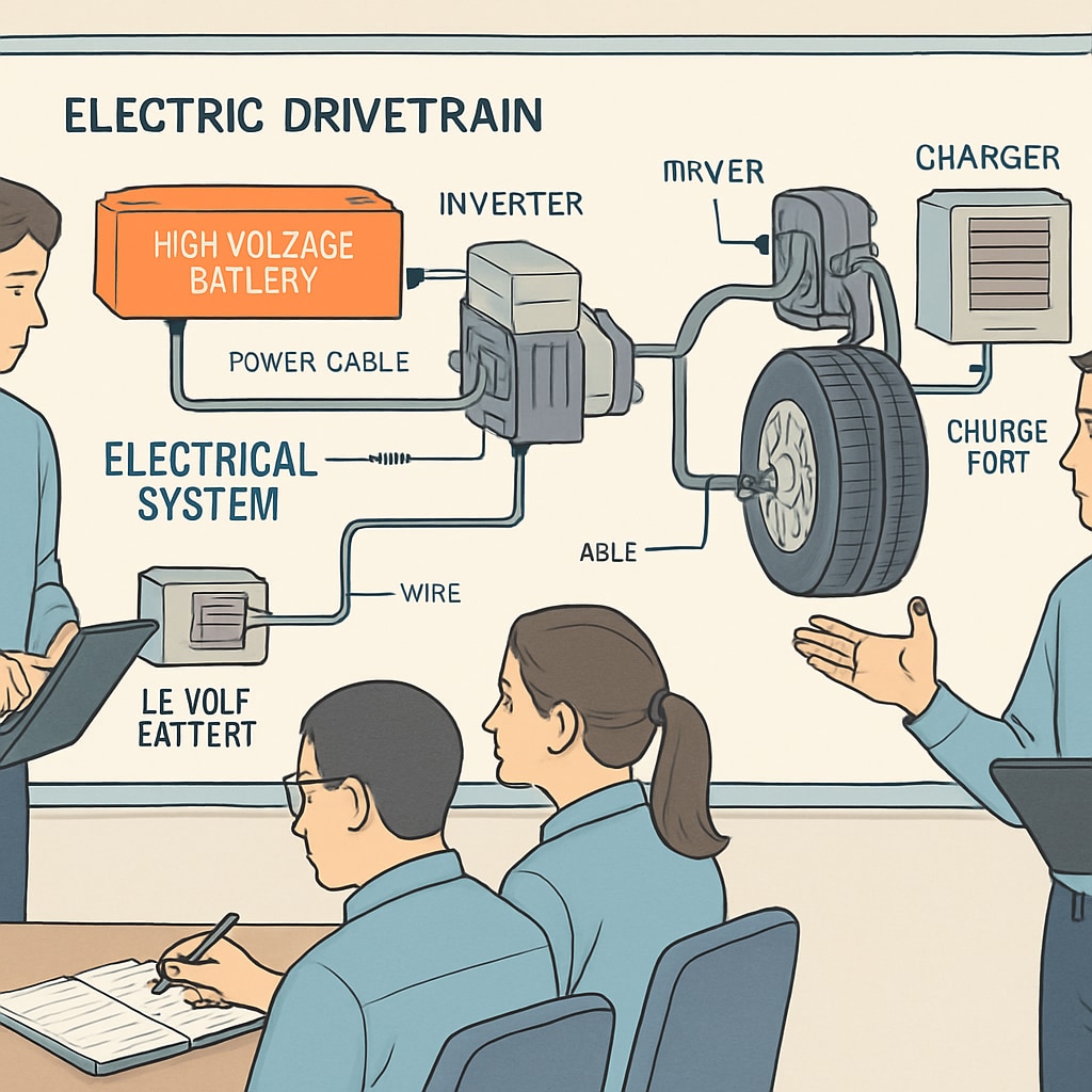 A training workshop where automotive engineers are learning about electric drivetrains and electrical systems. Engineers training on electric drivetrains