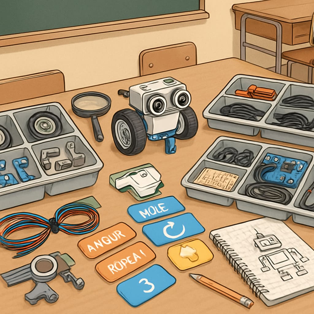 An organized table in a classroom with STEM learning kits, including robot parts, wires, and coding cards STEM learning tools to encourage creativity and early development