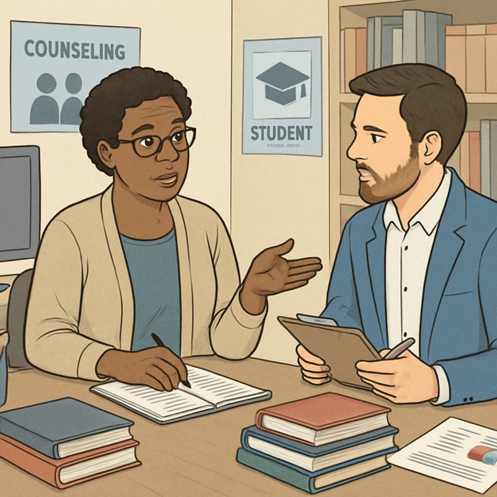 A school counselor sitting in an office, discussing student issues with a graduate researcher. K12 school counselor being interviewed by a graduate researcher for a study.