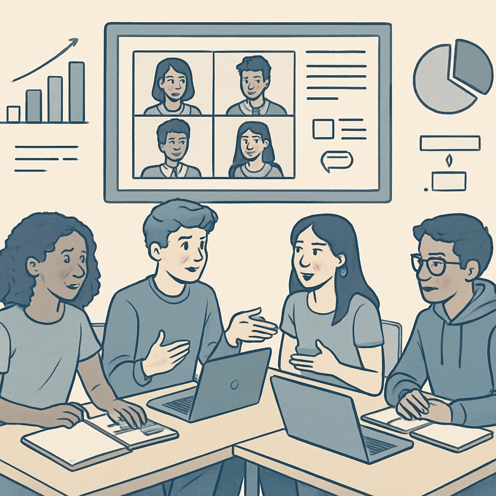 A group of diverse teens engaging in an online business course, discussing ideas and collaborating on a virtual platform. Teens participating in a virtual business course, discussing ideas and collaborating online.