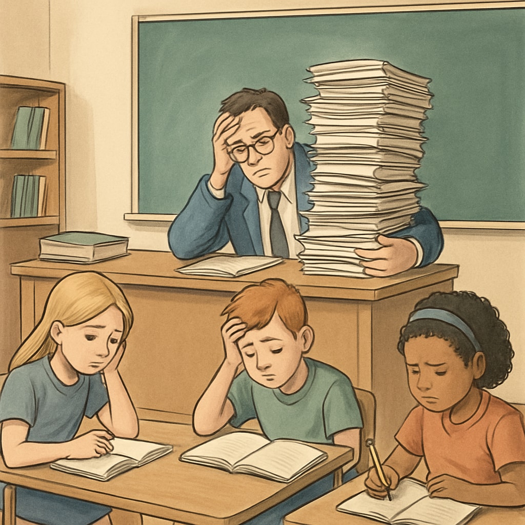 Teacher handling administrative tasks with students in need of tailored learning support.