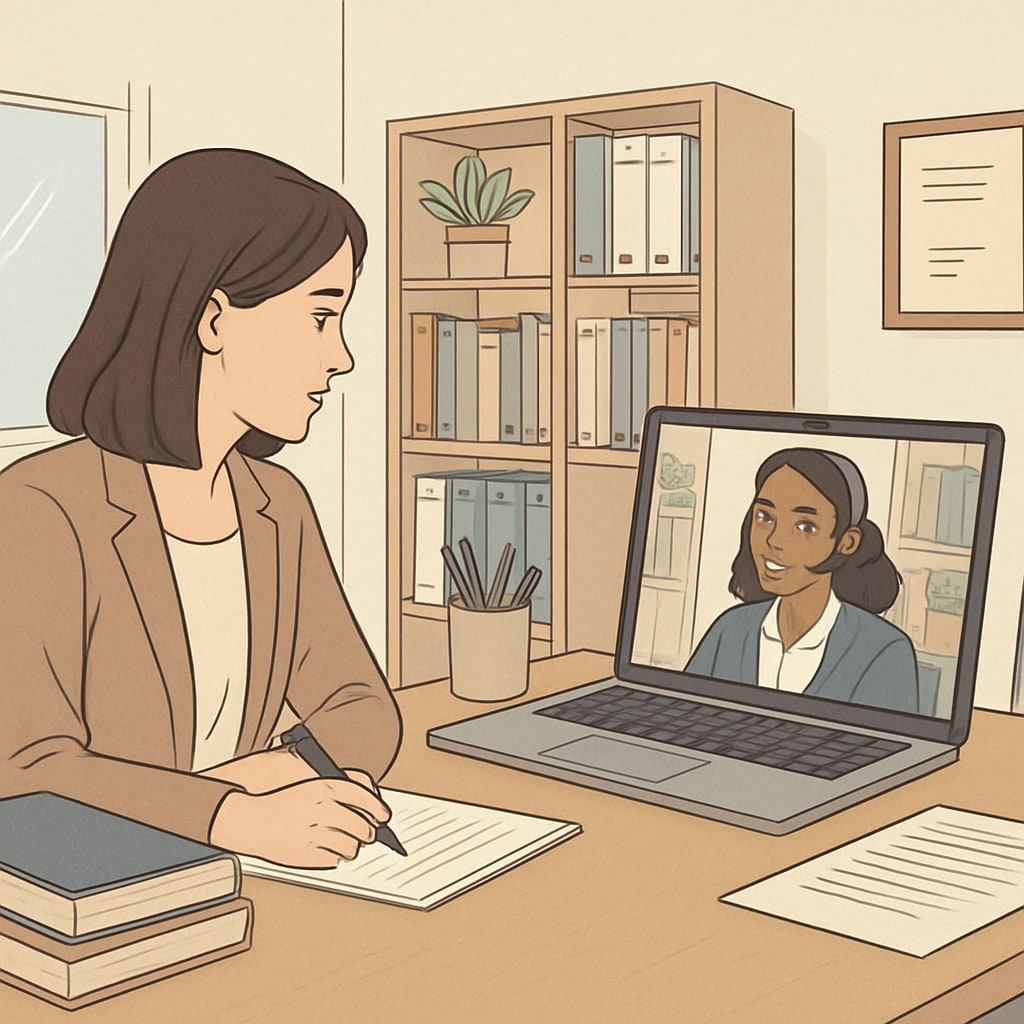 A graduate researcher conducting a virtual interview with a school counselor using a laptop, showcasing professional communication. Graduate student interviewing a K12 school counselor virtually for research purposes.