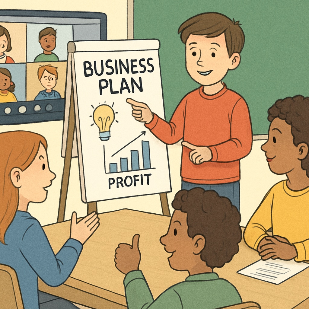 A young student presenting a mock business plan during a virtual session with supportive feedback from peers. Student presenting a business plan during an online course, receiving feedback from peers and mentors.