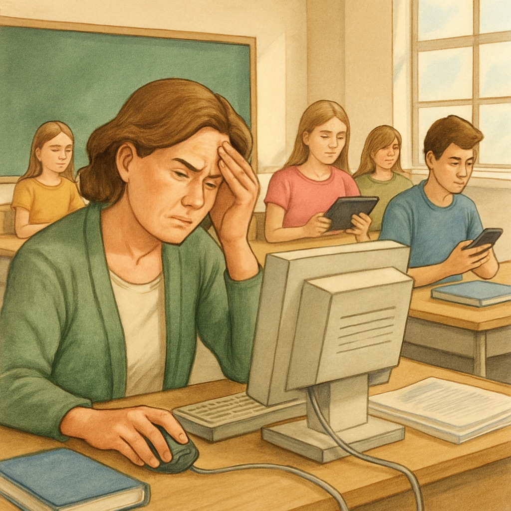 Frustrated teacher and disengaged students in a classroom with ineffective digital tools.